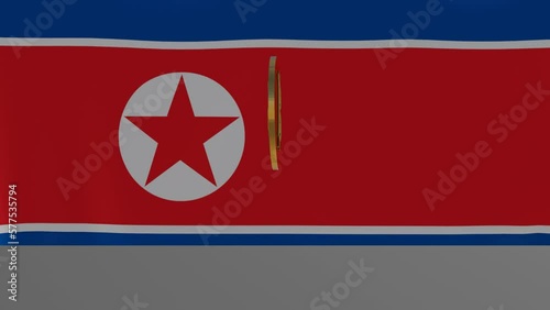Bitcoin bouncing and spinning in front of Flag of North Korea