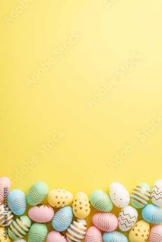 Easter concept. Top view vertical photo of colorful easter eggs on isolated yellow background with empty space