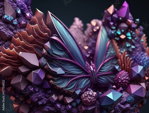 Abstract fantasy colorful crystal butterfly background created with Generative AI technology © Denis Darcraft