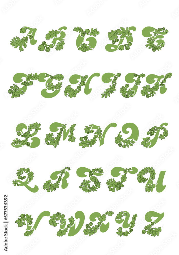 Eco decorative font from nature elements. Plant alphabet. Unusual letters from A to Z from the leaves and acorns of the common oak. Eco decorative font from nature elements. Plant alphabet. Unusual letters from A to Z from the leaves and acorns of the common oak.