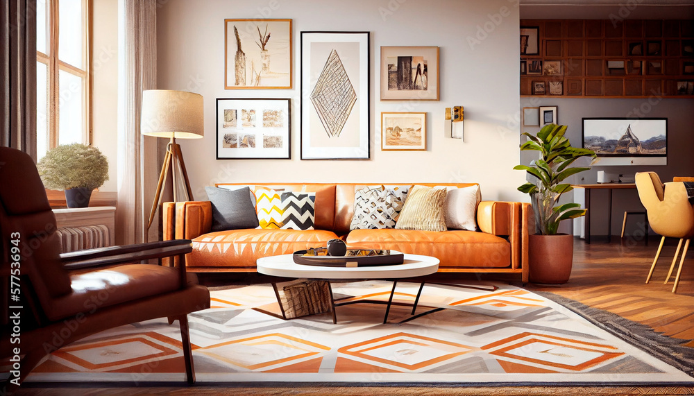 MidCentury Modern Living Room with Tan Leather Sofa, Geometric Rug and