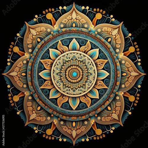 Mandula on a black background. Buddhism, esotericism, high resolution, space map, religion, Rigveda, art, generative artificial intelligence photo