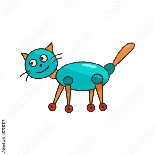 Robot cat on wheels in cartoon style. Friendly smiling creature. Isolated vector image.