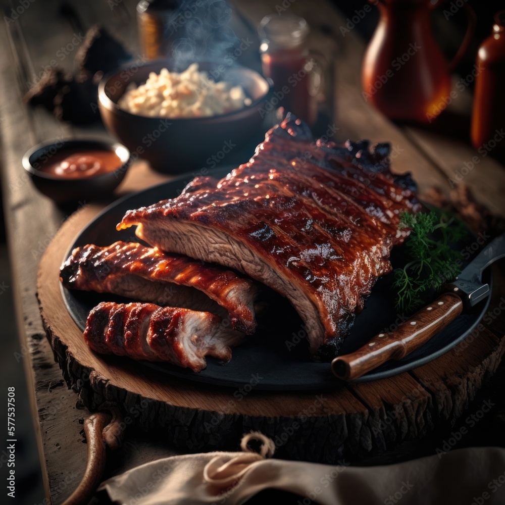 Smoked Barbecue BBQ pork spare loin ribs St Louis cut with hot honey chili marinade burnt as