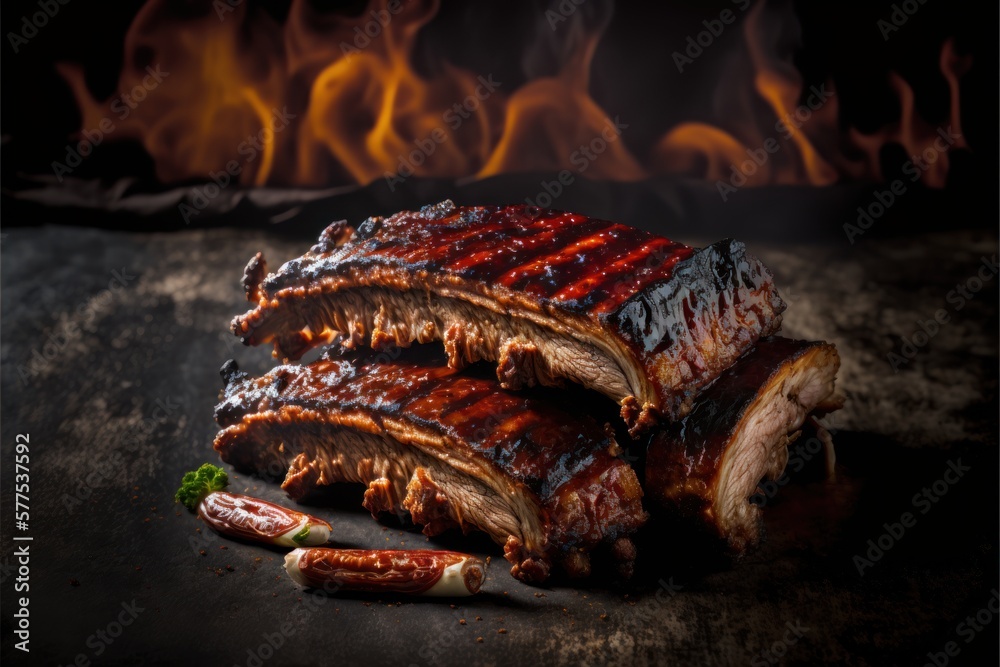 Smoked Barbecue BBQ pork spare loin ribs St Louis cut with hot honey