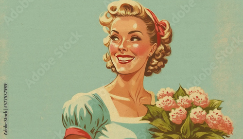 Paper textured vintage style illustration showing happy woman with a bouquet of flowers. Copy space for text. Ideal for birthday, mothers day, Valentines day. Generative AI. photo