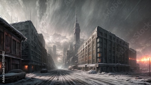 An abandoned city  after the end of the world. The aftermath of a great war. Illustration.