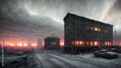 An abandoned city, after the end of the world. The aftermath of a great war. Illustration.