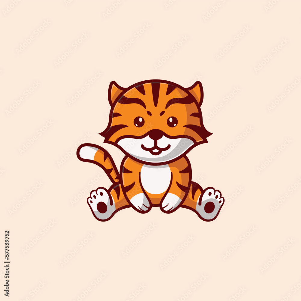 Obraz premium Cute cartoon striped tiger. Tiger smiles. Printing for children's T-shirts, greeting cards, posters. Hand-drawn vector stock illustration isolated