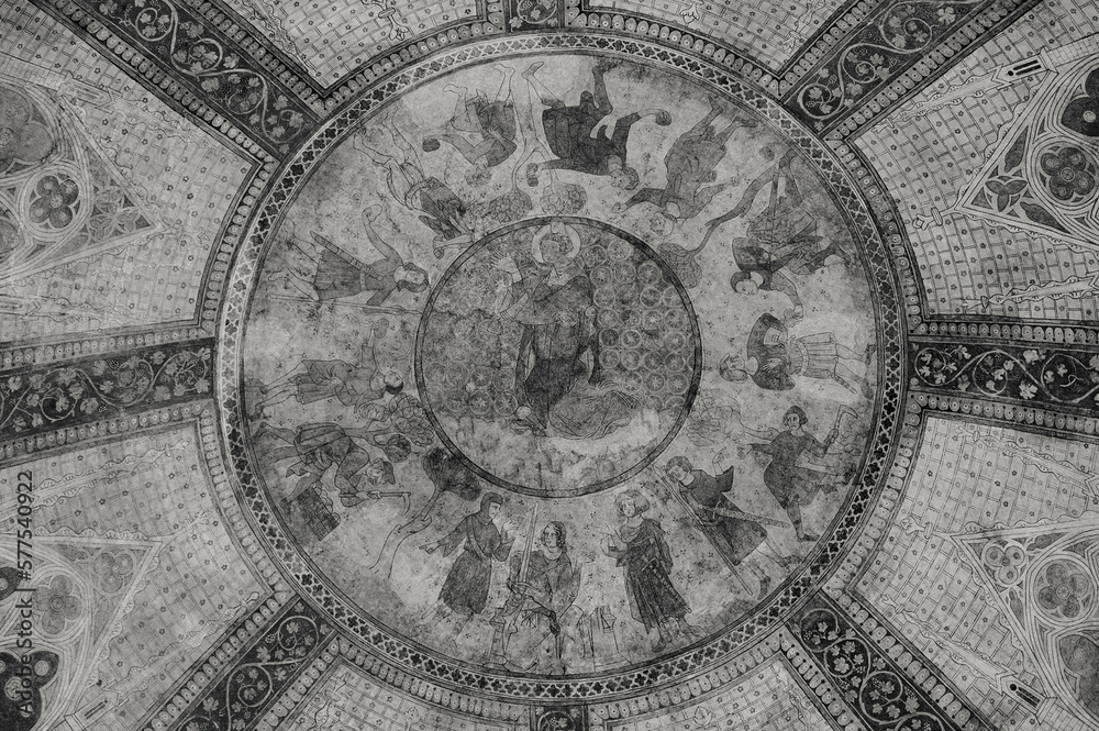Cahors Cathedral dome ceiling decorated with 14th-century frescoes, depicting the stoning of St. Stephen (first martyr).  UNESCO site. Cahors, France. Black white historic photo