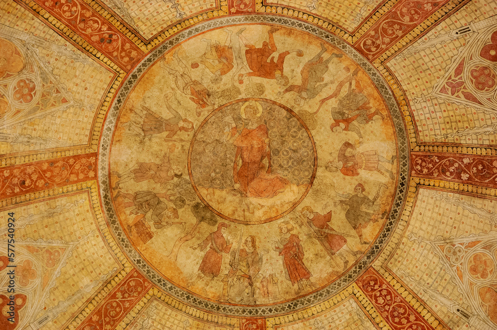 Cahors Cathedral dome ceiling decorated with 14th-century frescoes, depicting the stoning of St. Stephen (first martyr).  Cahors Cathedral is site on Routes of Santiago de Compostela. Cahors, France 