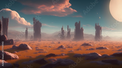 Surreal fantasy desert landscape, alien planet panorama, Generative AI photo