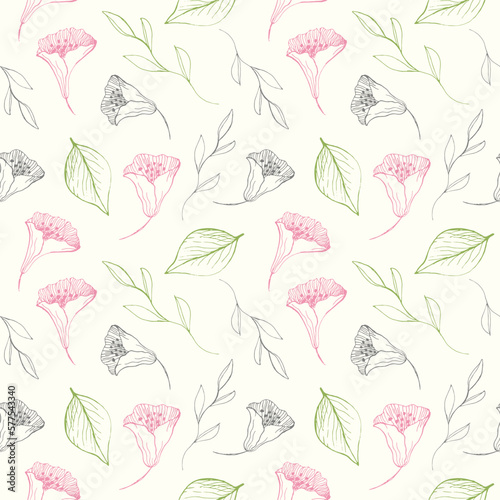 Seamless repeating pattern with flowers on a light background, floral motif. Hand drawn leaves and flowers in a pattern for design, textile, wrapping paper and packaging design © Oxi An