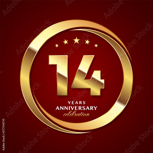 14th Anniversary logo design with shiny gold ring style. Logo Vector Template Illustration