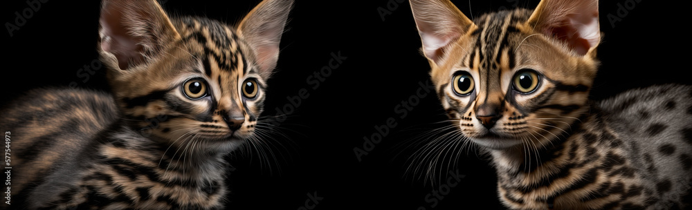 Bengal exotic baby kittens brown spotted domesticated leopard like image of two pet house cats. The kittens have expressive large healthy eyes. Image was created with digital art. Bengal exotic baby kittens brown spotted domesticated leopard like image of two pet house cats. The kittens have expressive large healthy eyes. Image was created with digital art.