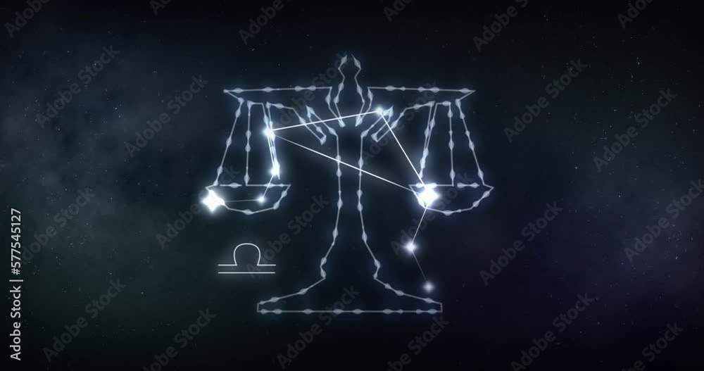 Animation of libra sign with stars on black background Animation of libra sign with stars on black background