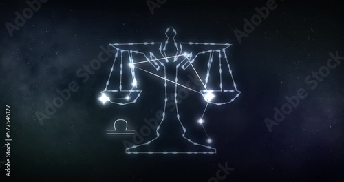 Animation of libra sign with stars on black background photo