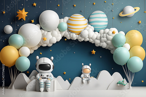 decoração de festa infantil com planetas sistema solar,  fundo fotografico astronauta fofo  photo