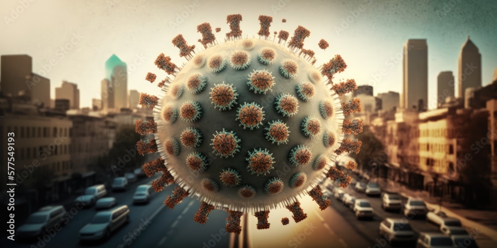 Coronaviruses floating over a city. generative AI	
