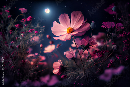 Obraz na płótnie Romantic night scene - Beautiful pink flower blossom in garden with night skies and full moon. Generative AI. 4 w salonie