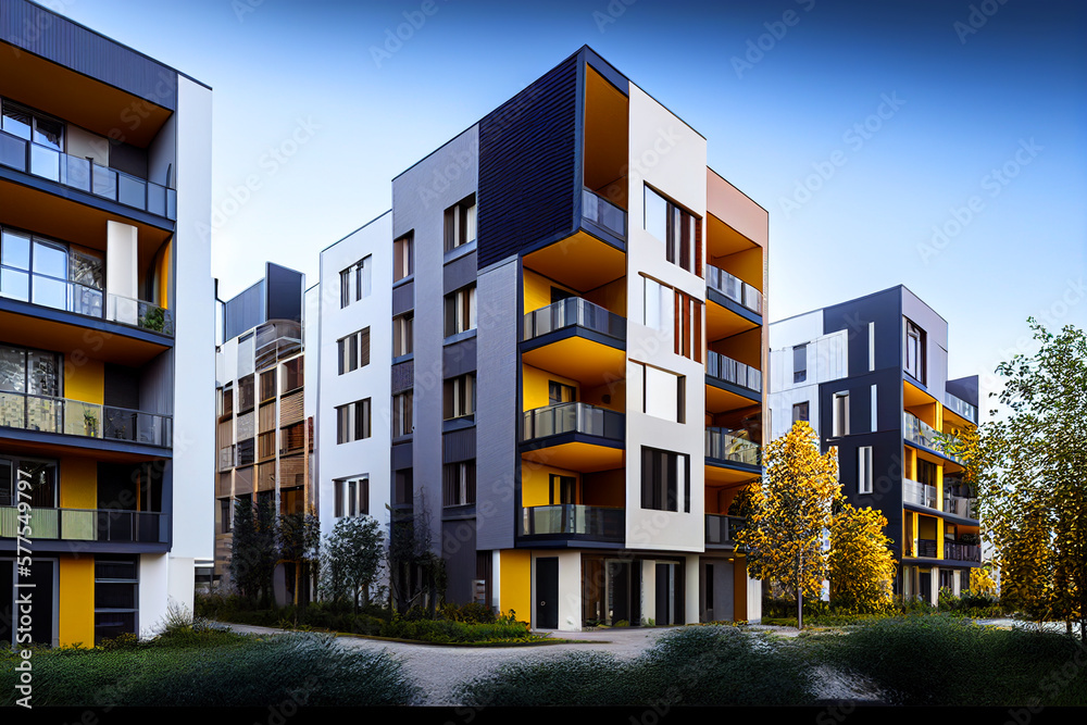 Townhouse in residential area. Modern facade residential building. Urban townhouse. Modern house, small multi-residential townhome. Facade building Exterior Design, Ai Generative Illustration.
