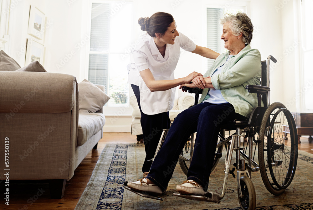 The best care you could hope for. Shot of a smiling caregiver helping a senior woman in a wheelchair at home. - obrazy, fototapety, plakaty 