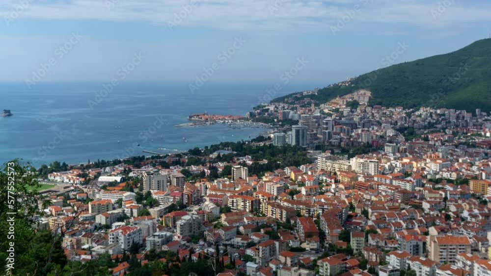 Aerial high view of Budva city and Adriatic sea, Clouds moving. Montenegro, timelapse 4k Aerial high view of Budva city and Adriatic sea, Clouds moving. Montenegro, timelapse 4k