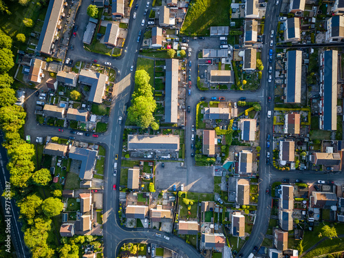 Top down aerial view of residential streets and houses