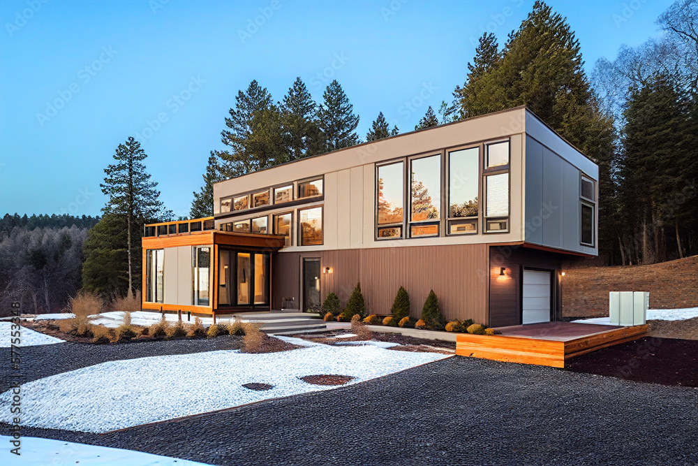ภาพประกอบสต็อก Prefab house on sunset. Modern Suburban Modular house ...