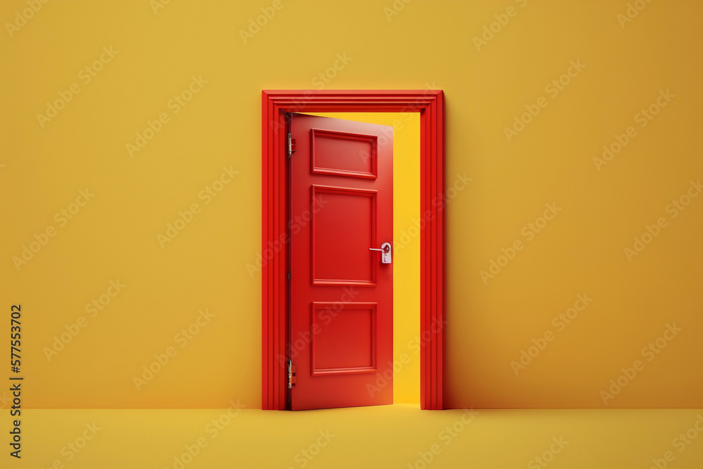 red door isolated on a yellow background generative ai red door isolated on a yellow background generative ai