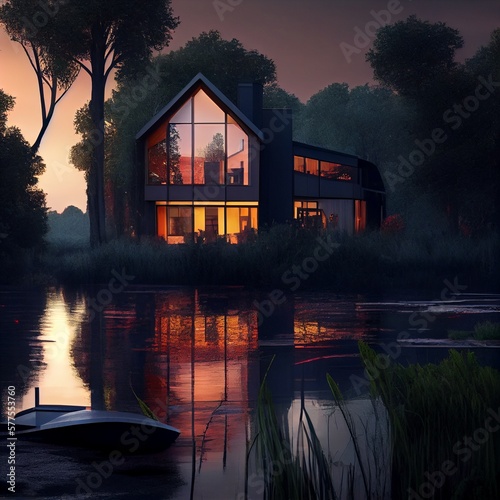 Luxury house over lake, generative ai