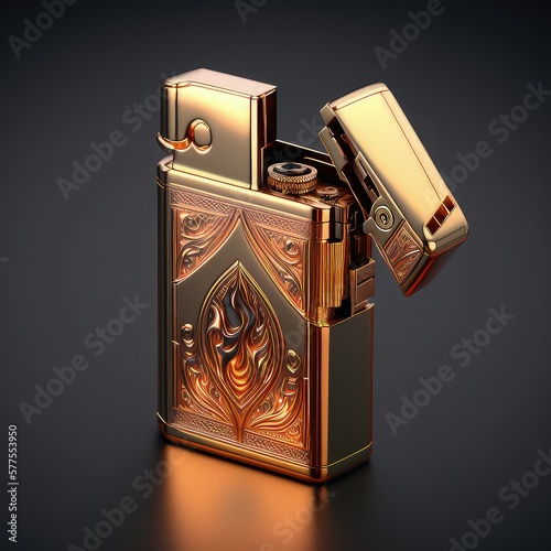 Luxury lighter on a black background. Smoking, author's design, gentleman's accessory, petrol lighter, high resolution, art, generative artificial intelligence