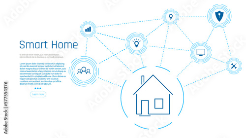 Banner of Smart Home technology. The building consists of numbers and is connected by icons of household smart devices. Intelligent home management system. 