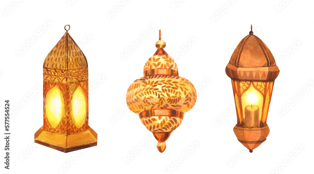 Obraz premium Watercolor set golden lamp lantern with candle and arabic print. Hand-drawn illustration isolated on white background. For islamic celebration day ramadan kareem, eid al fitr adha, arabesque design.