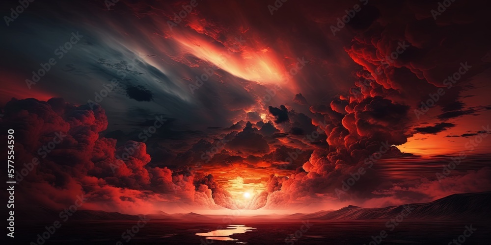 A surreal red sunset with clouds and copy space for design, evoking Halloween and apocalyptic imagery, Generative AI