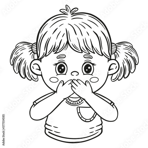 Surprised child girl close mouth with hand, stop talk, silence gesture line icon. Fear, shock or amazement emotion. Hiccup, nausea. Keep secret, quiet. Palms on face. Kid coloring book. Outline vector