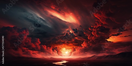 A surreal red sunset with clouds and copy space for design, evoking Halloween and apocalyptic imagery, Generative AI