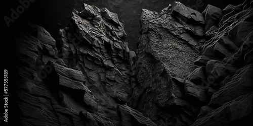 A backdrop of black rock with a dark gray texture, grunge, and distressed mountain close-up, Generative AI