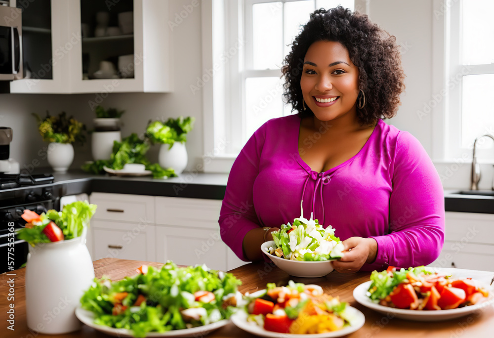 Portrait of attractive young plus size black woman eating fresh vegetarian salad enjoying tasty fresh vegetables sitting at table in modern kitchen.