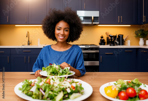 A pretty black girl with afro hair  sitting at a table near a plate of salad. A look at the camera.