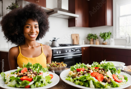 A pretty black girl with afro hair, sitting at a table near a plate of salad. A look at the camera.