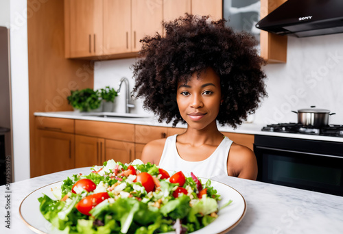A pretty black girl with afro hair, sitting at a table near a plate of salad. A look at the camera.