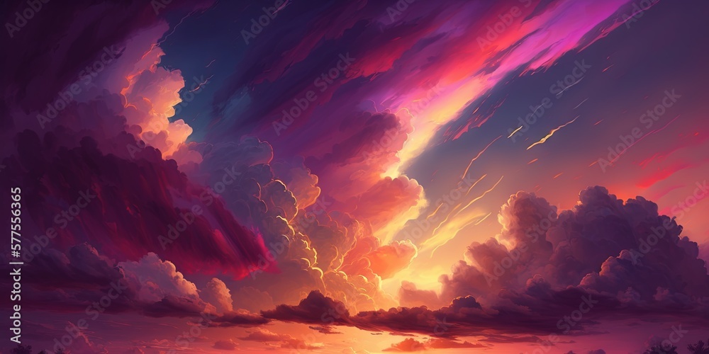 Gorgeous sunset with charming shades of orange, pink and purple Clouds add grace, perfect for designing, Generative AI
