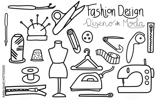 Fashion Design. Iconos Diseño de moda. Doodles 