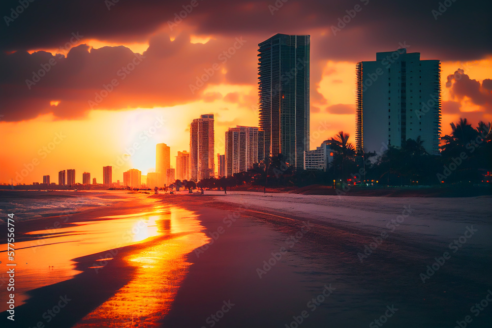 Fototapeta premium Miami, Florida, USA, at sunset. Miami beach, Skyscrapers buildings in miami city. Ai Generated Illustration..