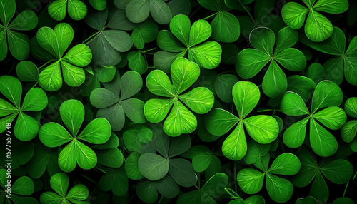 Realistic st. patrick's day four petal green clover leaves background, Generative AI