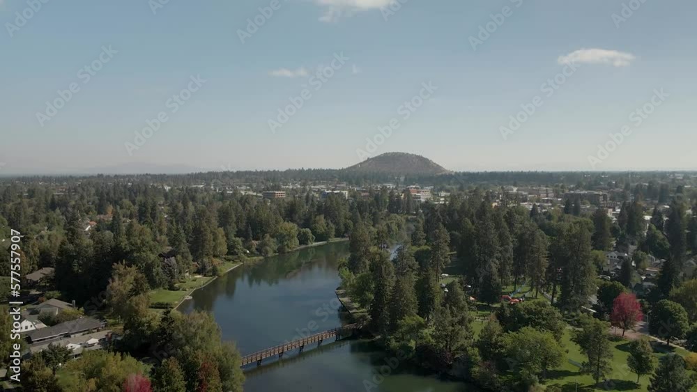 Drone flying over Drake Park in Bend, Oregon while focused on Pilot Butte Drone flying over Drake Park in Bend, Oregon while focused on Pilot Butte