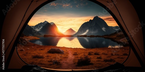 View from tent to beautiful mountain landscape with lake and the dawn sun  concept of Vastness and Peacefulness  created with Generative AI technology