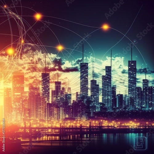 Smart city and abstract dot point connect with gradient line and aesthetic Intricate wave line design , big data connection technology concept, generative ai