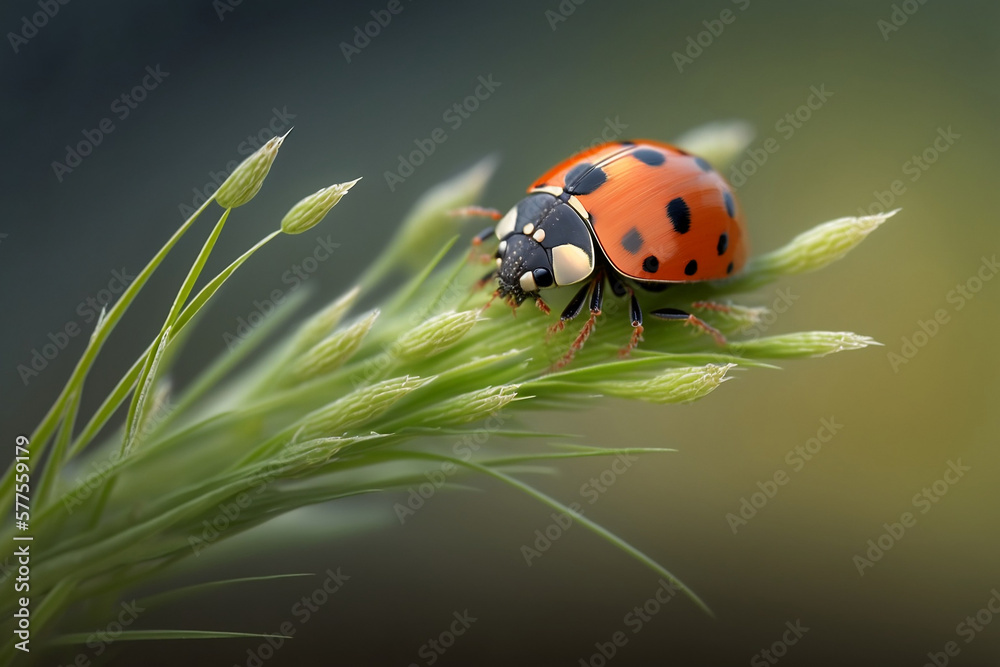 Fototapeta premium Ladybird On A Grass, Ladybug On Grass With Copy Space, Macro, Generative Ai